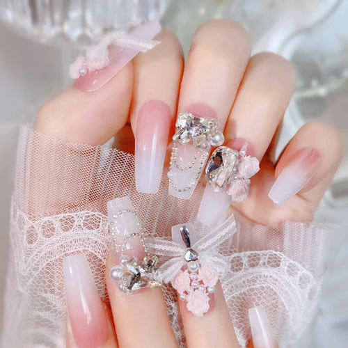 Blush Pink False Nails Bowknot Diamond Pearl 3D Design Press on Nail Tips with Harmless Smooth Edge Nails Woman DIY Fake Nails