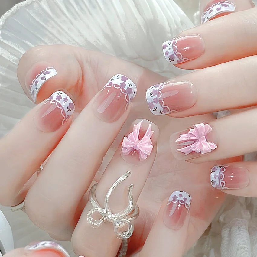 Blush Pink False Nails Bowknot Diamond Pearl 3D Design Press on Nail Tips with Harmless Smooth Edge Nails Woman DIY Fake Nails